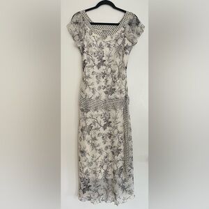 Vintage Drop Waist Floral Patterned Cream and Black Dress